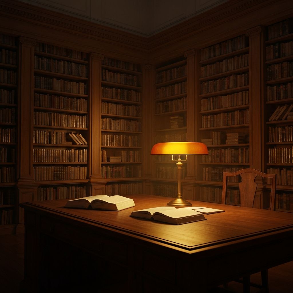 Interior de biblioteca de investigación con estantes de madera, libros y luz de lámpara cálida, atmósfera institucional y contemplativa