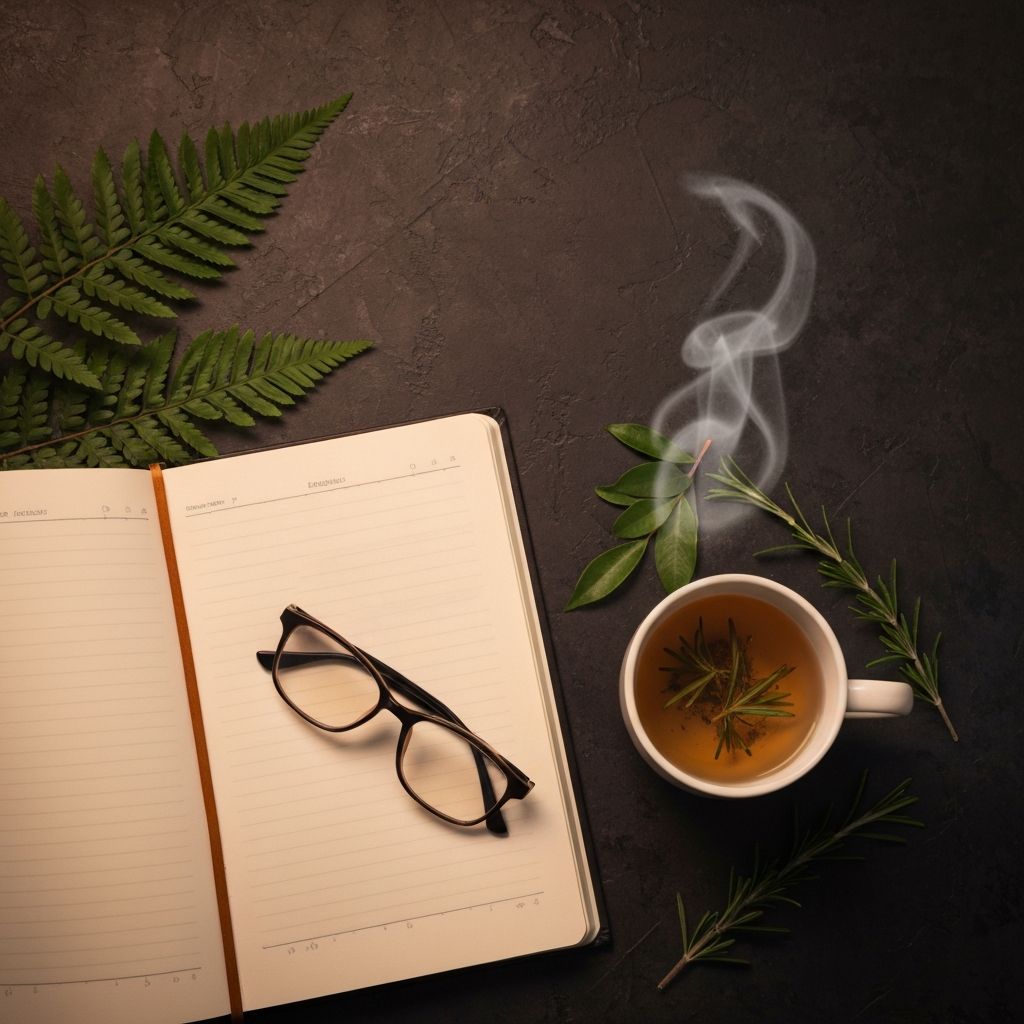 Cuaderno abierto, gafas de lectura y una taza de té herbal sobre una superficie oscura, representando la reflexión académica sobre bienestar y nutrición