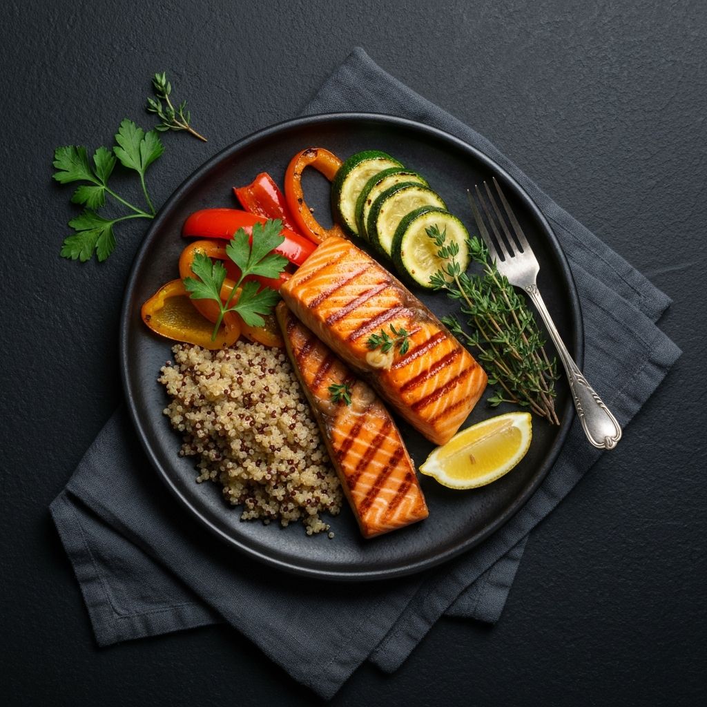 Plato equilibrado con proteínas, verduras asadas, quinoa y hierbas frescas sobre una mesa oscura con iluminación lateral dramática