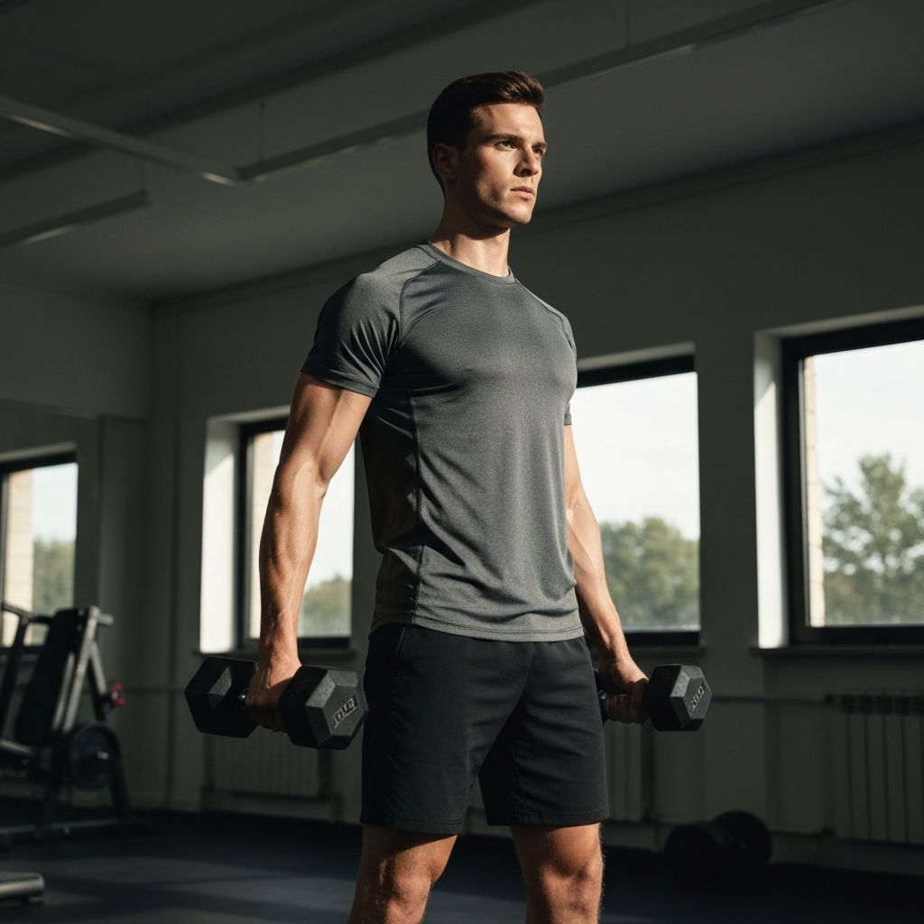 Persona realizando entrenamiento moderado con mancuernas en un gimnasio minimalista con luz natural de gran ventana