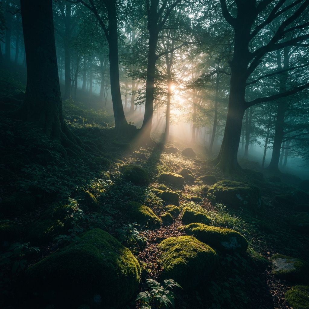 Paisaje sereno de bosque montañoso al amanecer con luz natural, representando equilibrio y bienestar natural
