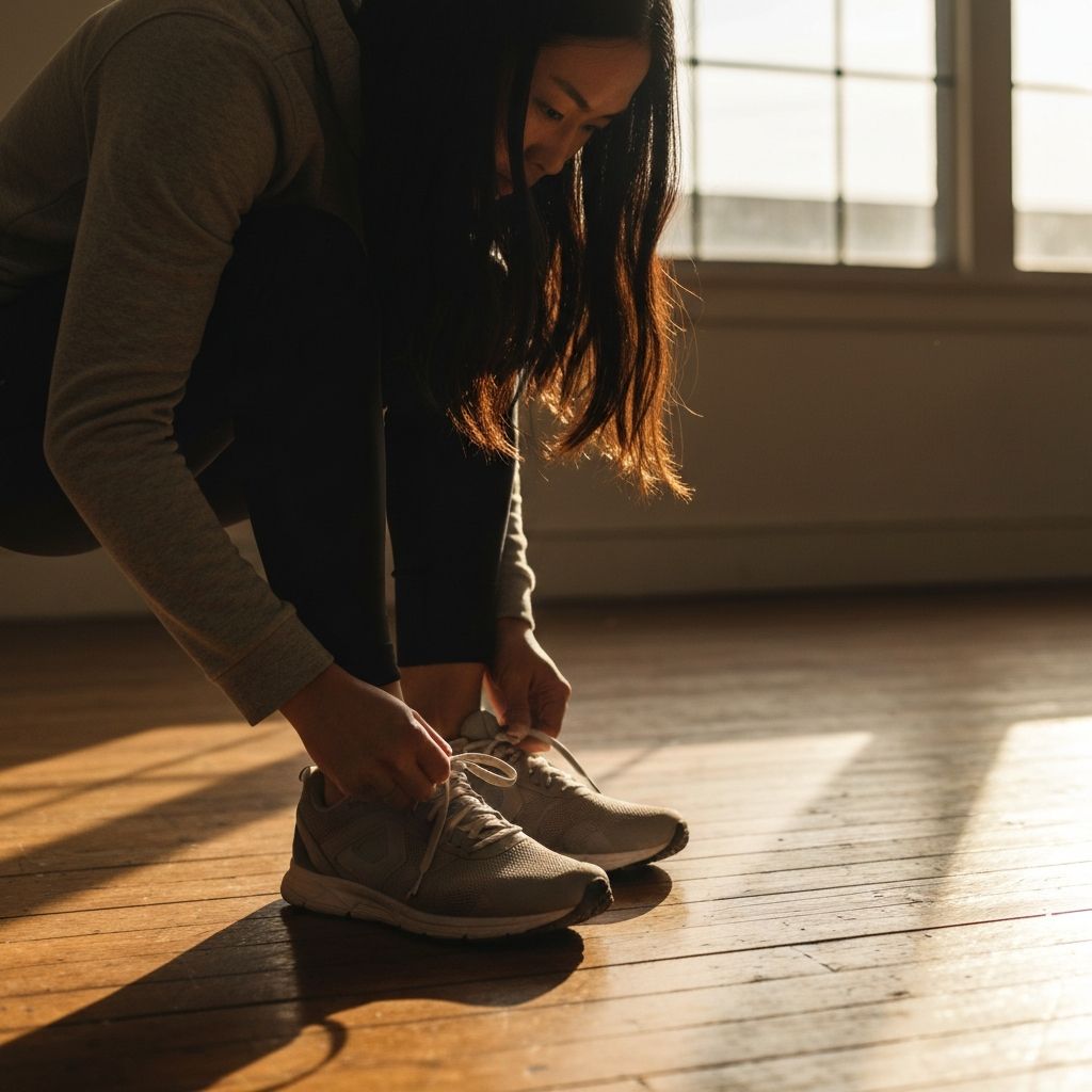 Persona preparándose para actividad física, atando cordones de zapatos deportivos en un ambiente de luz natural cálida