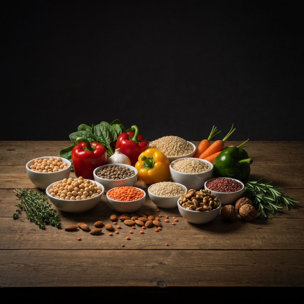 Composición artística de ingredientes alimenticios equilibrados sobre mesa de madera rústica con iluminación cinematográfica