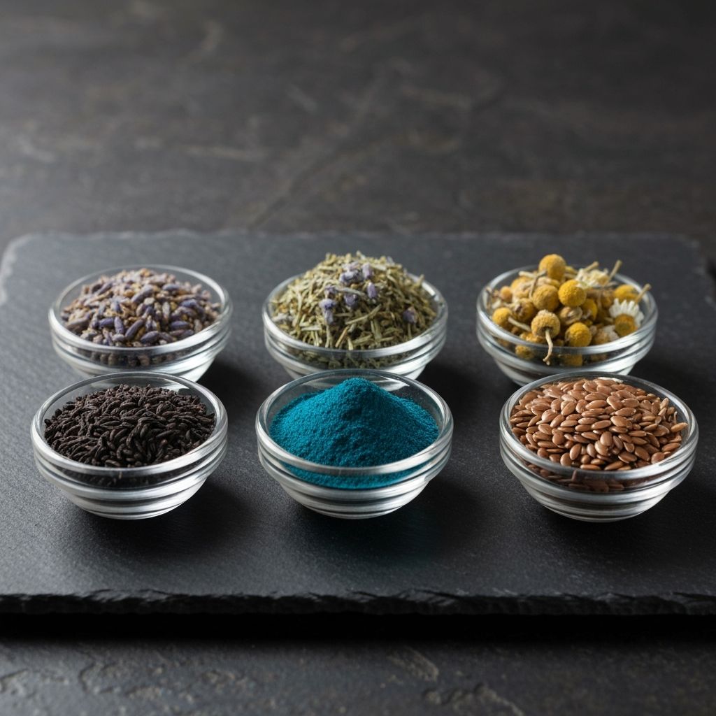 Disposición minimalista de ingredientes naturales en polvo y semillas en superficie oscura con iluminación direccional suave