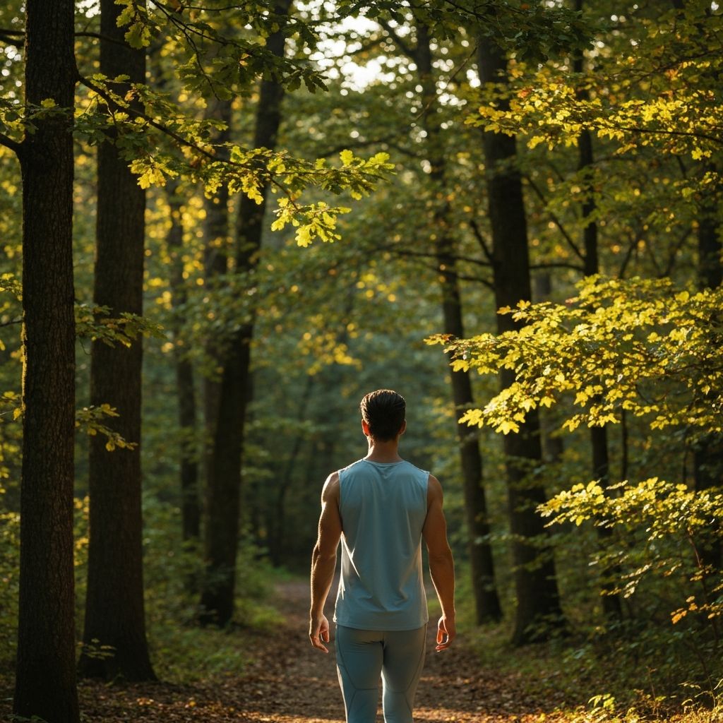 Persona caminando por sendero forestal en luz de la mañana, atmósfera tranquila y contemplativa, estilo de vida activo